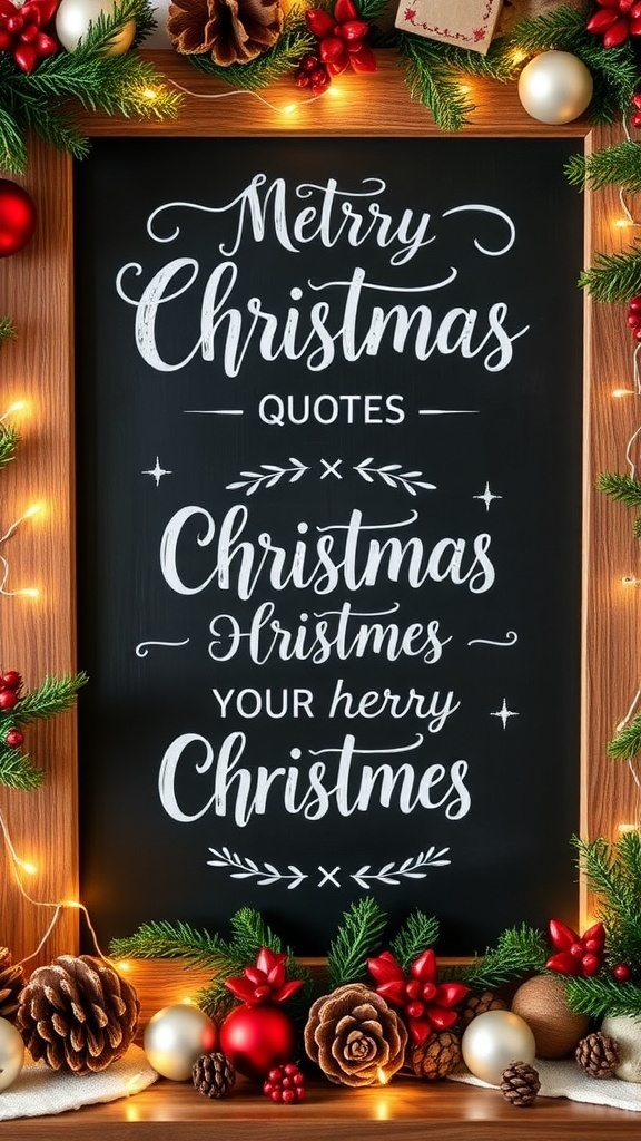 A chalkboard with Christmas quotes in white chalk, framed in wood, decorated with holiday ornaments and lights.